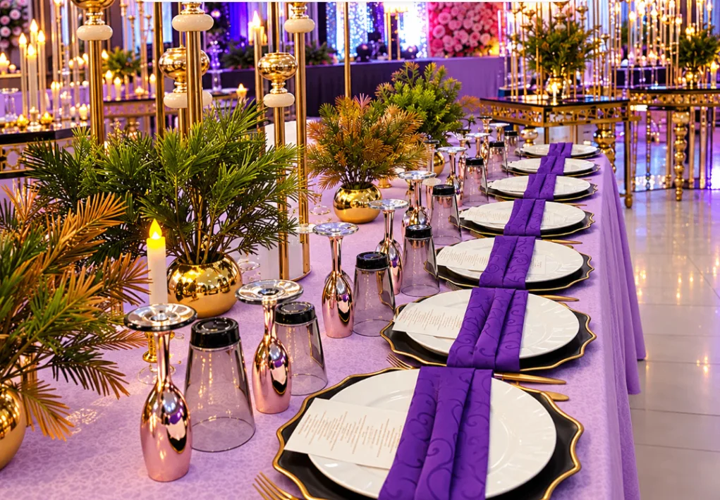Close view of gold and purple place settings with candles on an elegant banquet table