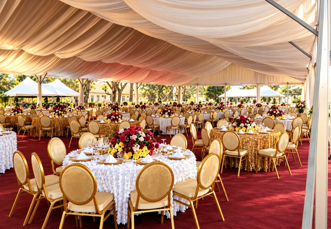 Wedding décor tent with round tables, floral centerpieces, a red carpet, and gold chairs